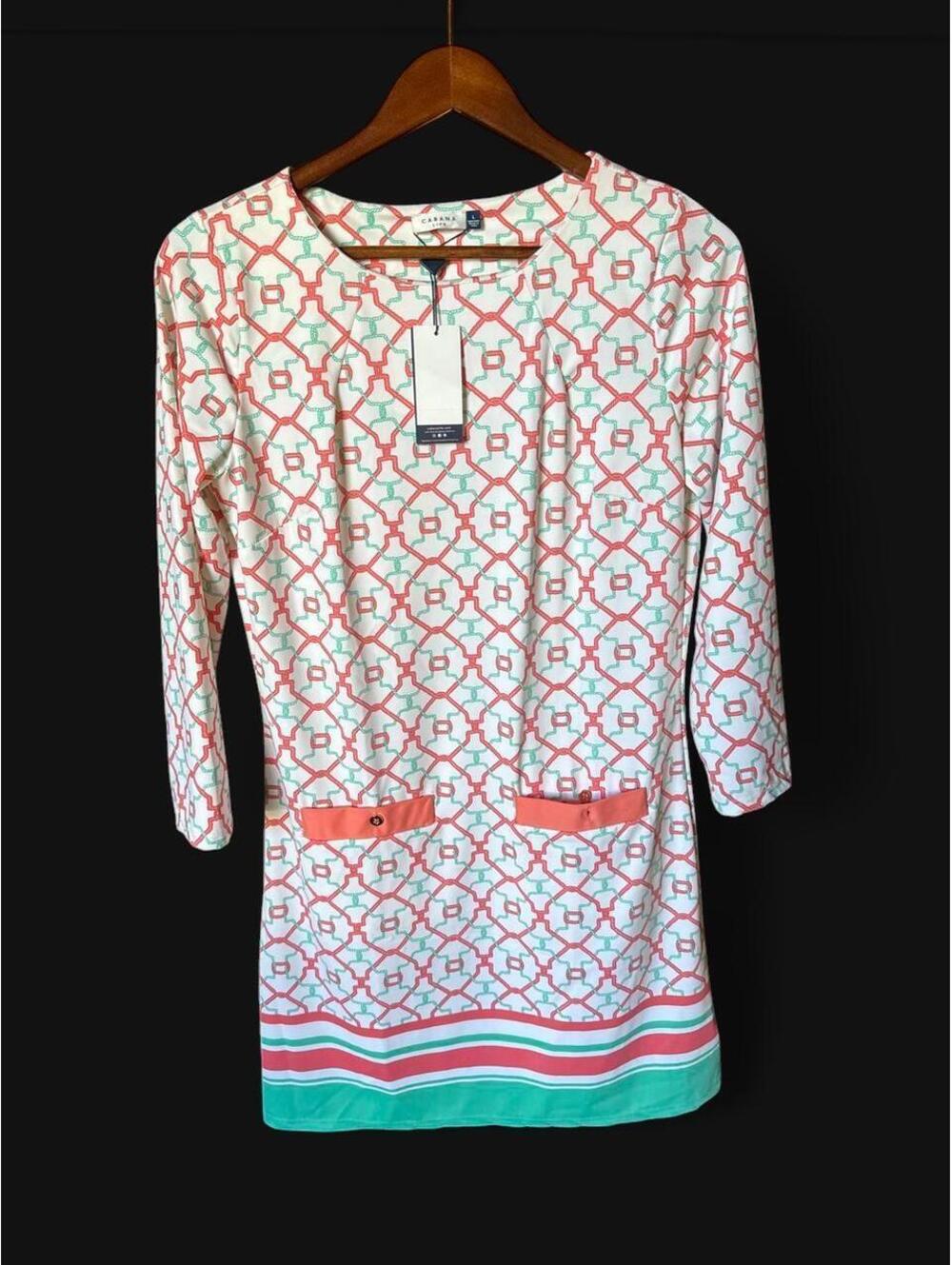 NWT Cabana Life Coral Mint Geometric Cabana Shift Dress L UPF 50+ Resort Beach